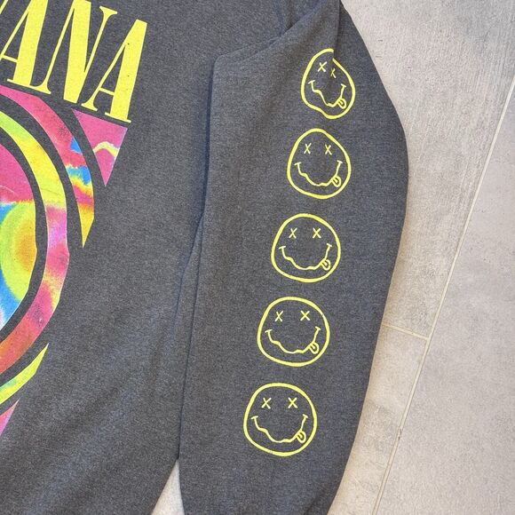 Nirvana Men’s Oversized Smiley Face Sweatshirt Charcoal Color Long Sleeve L/ XL - Picture 3 of 8